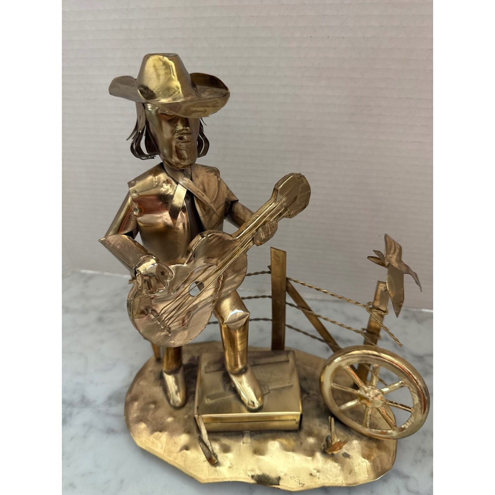 Vintage Brass Singing Cowboy Guitarist Music Box Metal Art Sculpture Figurine